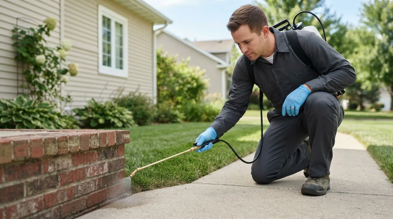 Pest control technician treating a home near Zearing, IA