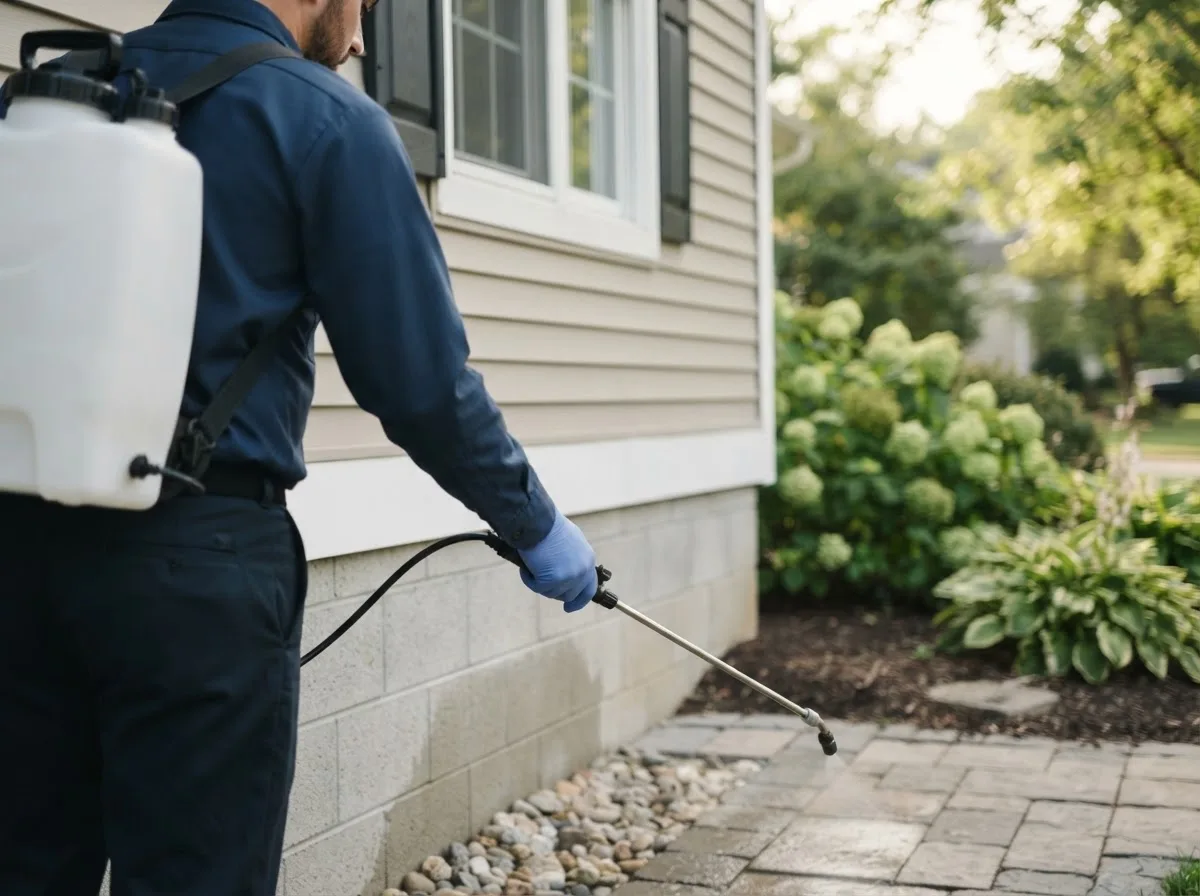 Pest control technician inspecting a home in Zearing, IA